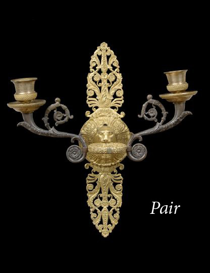 Appraisal: Pair of Empire-Style Gilt-Lacquered and Patinated Bronze Two-Light Appliques ca