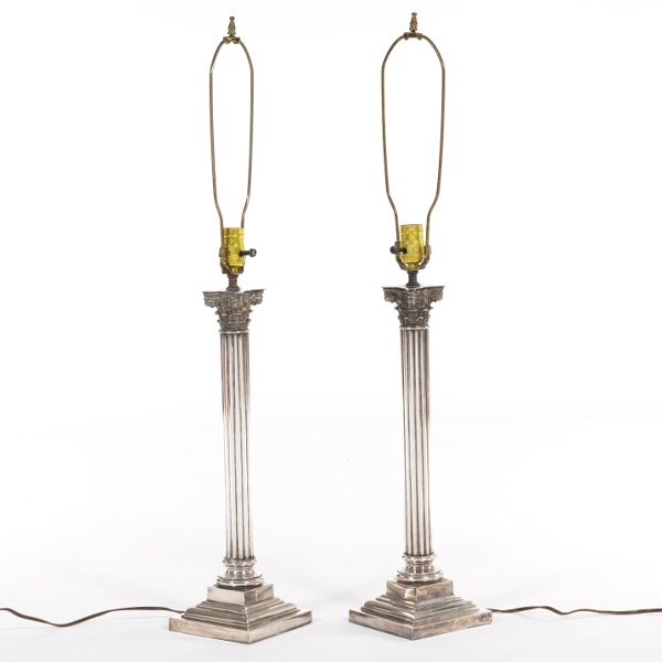 Appraisal: PAIR OF SILVER PLATED GEORGIAN STYLE COLUMN LAMPS to top