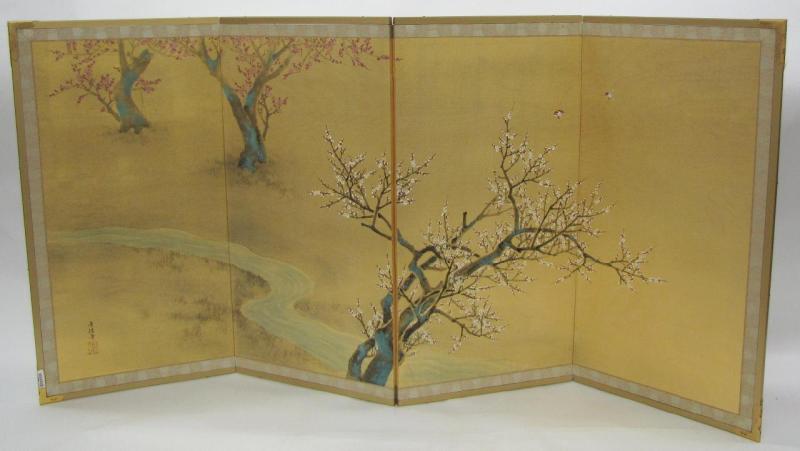 Appraisal: Four Panel Japanese Wall Screen scenic with birds cherry blossom