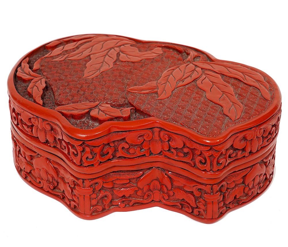 Appraisal: Chinese Cinnabar Red Lacquer Double Peach Box Chinese Cinnabar red