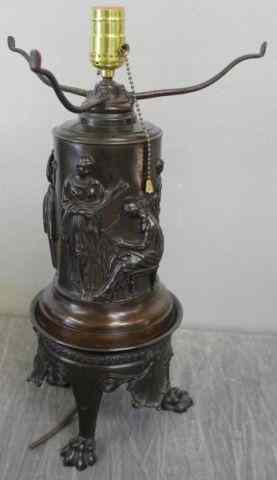 Appraisal: Signed Barbedienne Bronze Oil Lamp with ClassicalDecoration Raised on claw