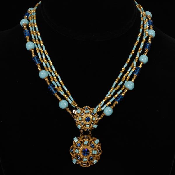 Appraisal: Miriam Haskell Gold Tone Filigree Multi-strand Turquoise Glass Beaded Necklace