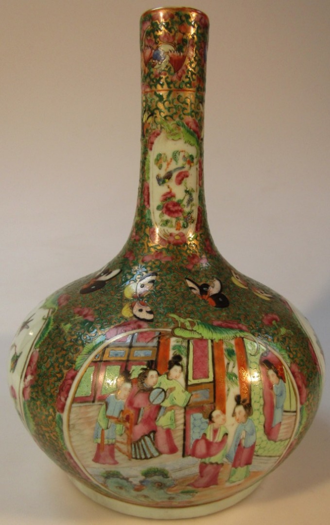 Appraisal: A thC Cantonese famille vert bottle vase the compressed circular