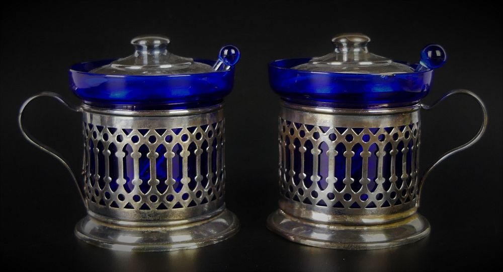 Appraisal: PAIR VINTAGE STERLING COBALT LINED MASTER SALTS Each measures tall