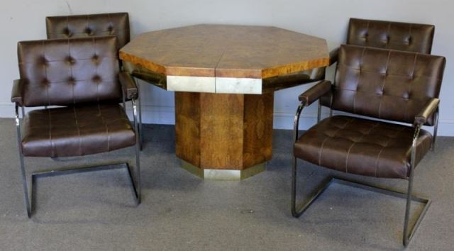 Appraisal: Midcentury Dining Set Includes a possibly Milo Baughman hexagonal brass