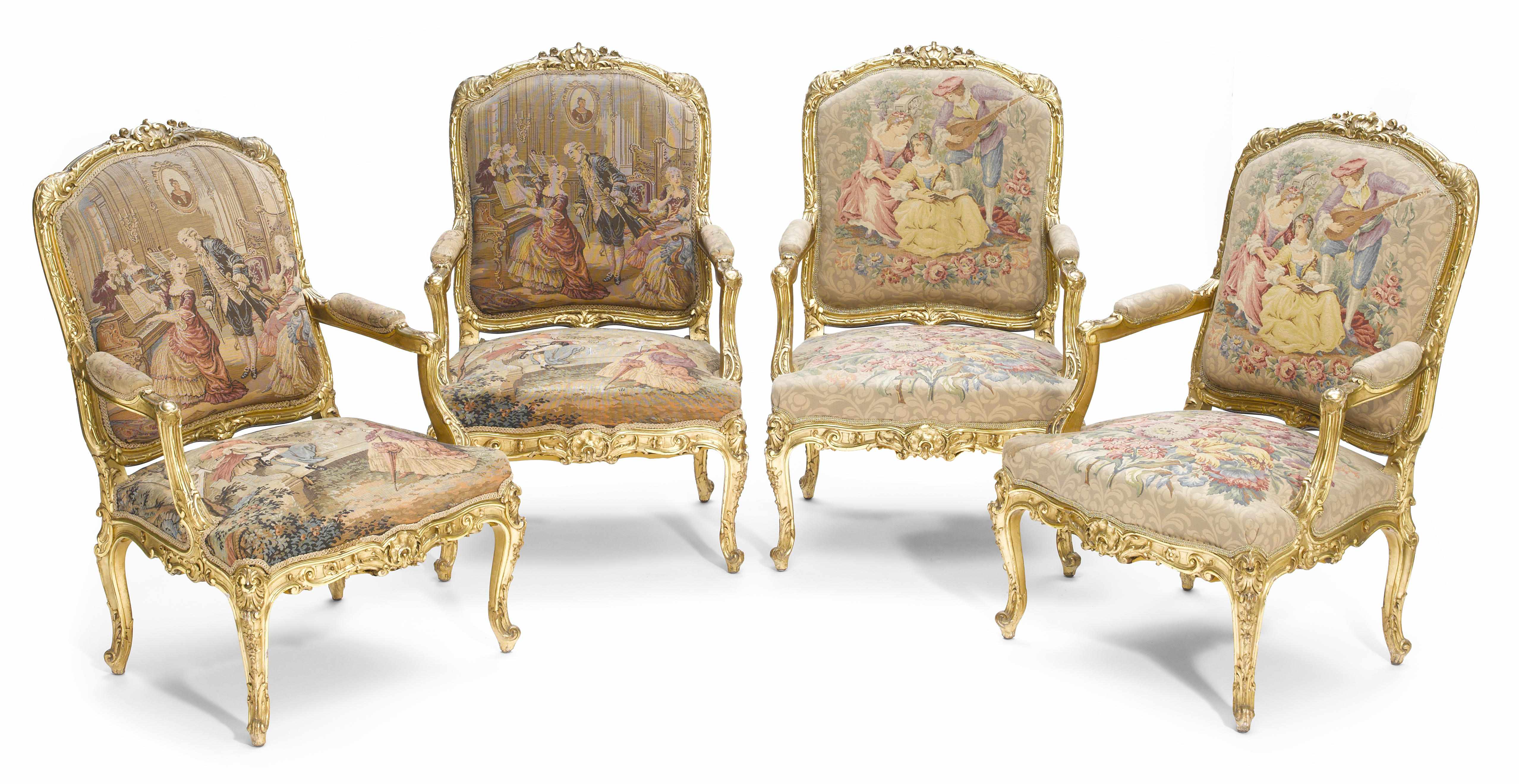 Appraisal: A set of four Louis XV style carved giltwood fauteuils