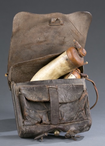 Appraisal: Two th c Powder Horns Leather Ammo Bag Largest