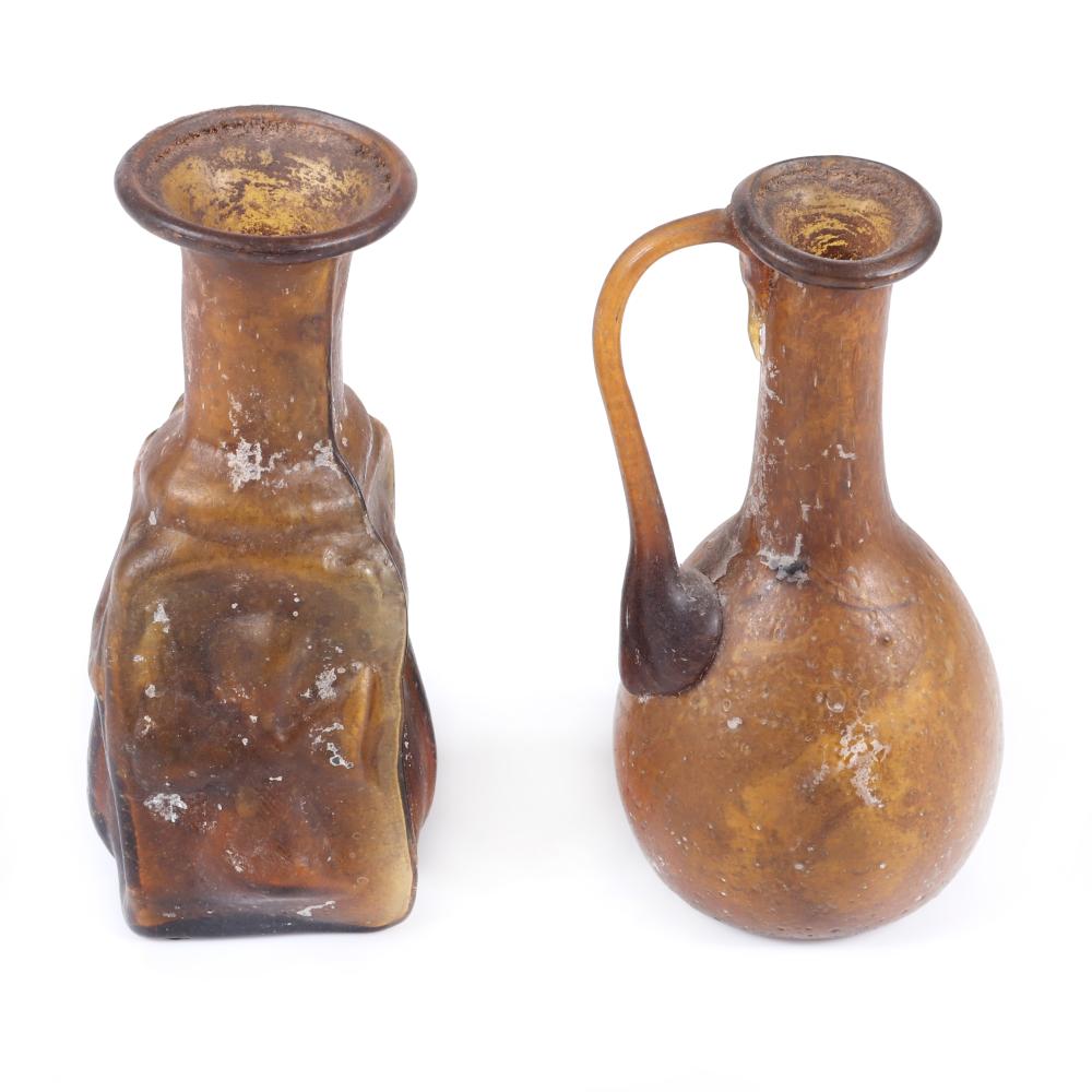 Appraisal: TWO ANCIENT ROMAN GLASS VESSELS BYZANTINE BOTTLE WITH DROSS DESIGN