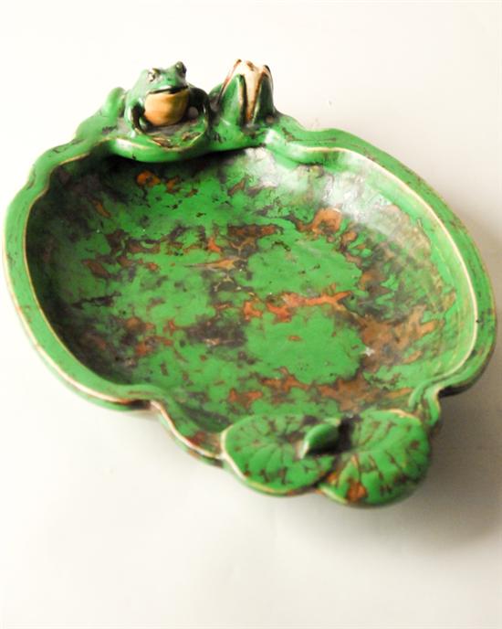 Appraisal: Weller Coppertone Pottery Console Dish variegated green with frog at