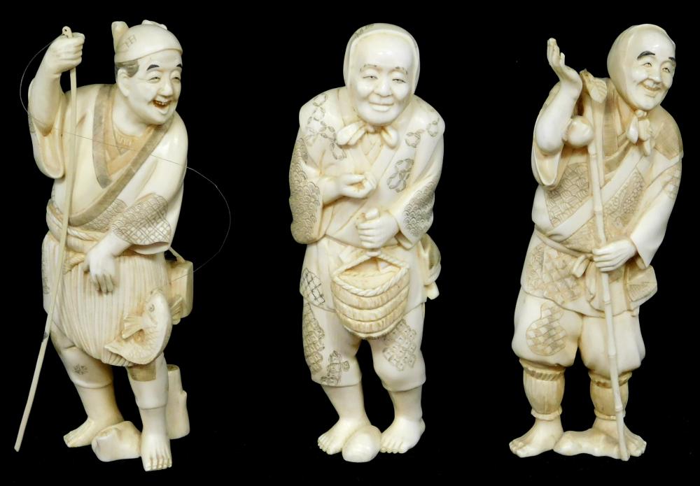 Appraisal: ASIAN Three carved ivory figures Japanese probably th C modeled