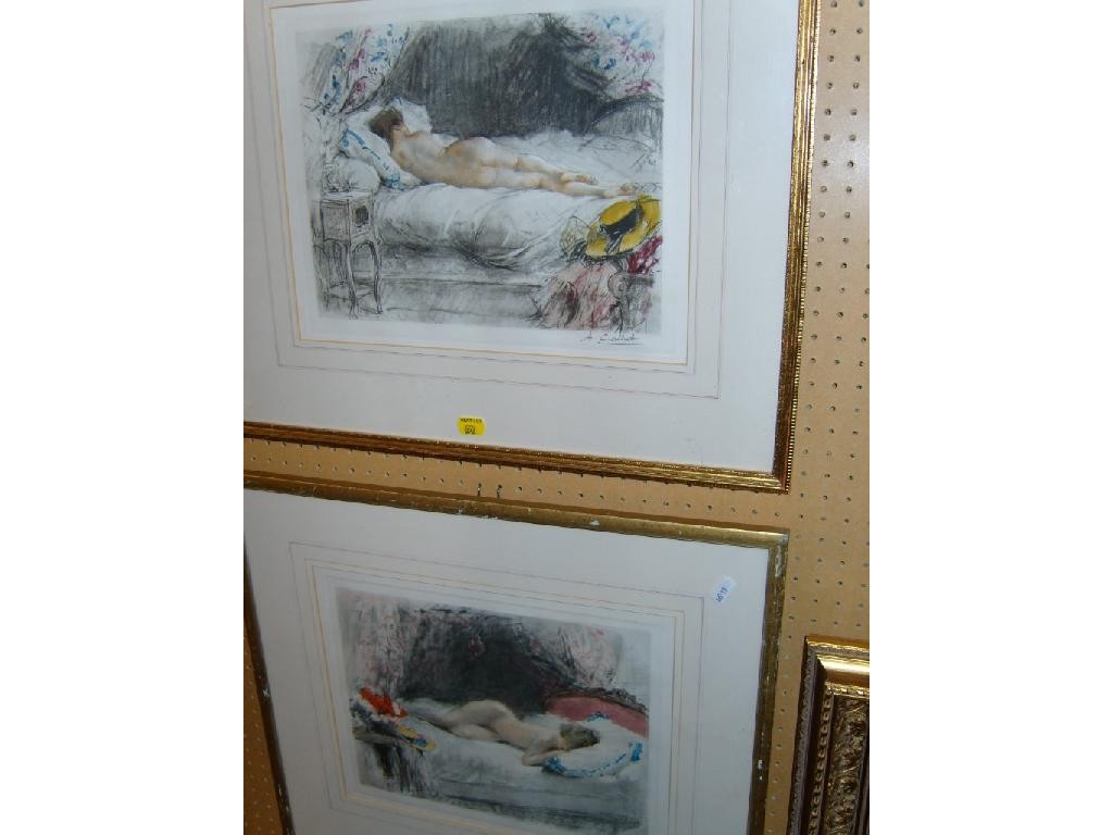 Appraisal: A pair of coloured etchings showing female nudes in interior