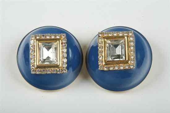 Appraisal: PAIR VALENTINO BLUE ENAMEL AND FAUX DIAMOND LARGE DOMED EARCLIPS