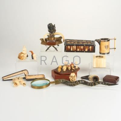 Appraisal: CURIOSITIES Twenty-four pieces including inkwell netsukes magnifying glass boxes pipes