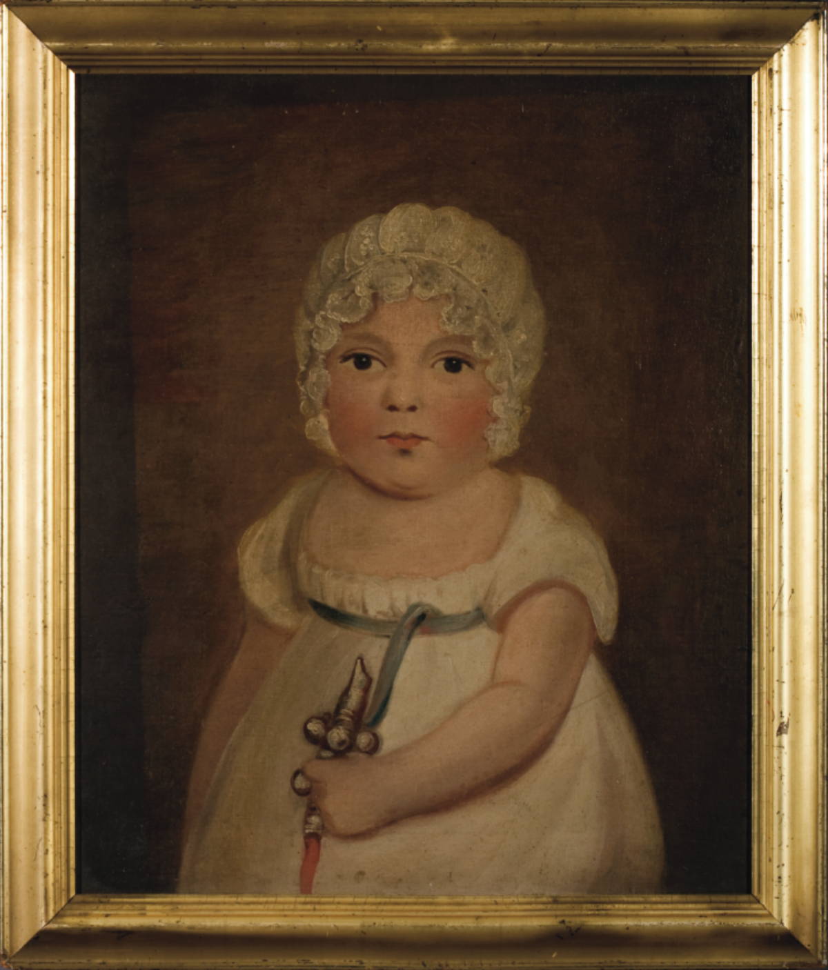 Appraisal: AMERICAN PRIMITIVE PORTRAIT OF A CHILD IN A WHITE BONNETT