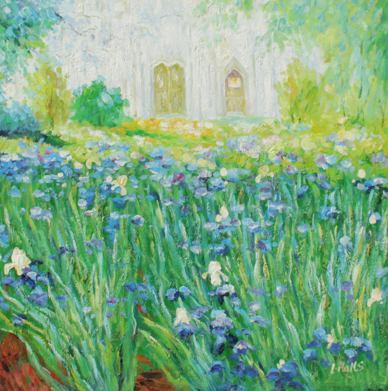 Appraisal: ILLEGIBLY SIGNED PAINTING VIEW OF THE CHURCH FROM THE GLADIOLUS