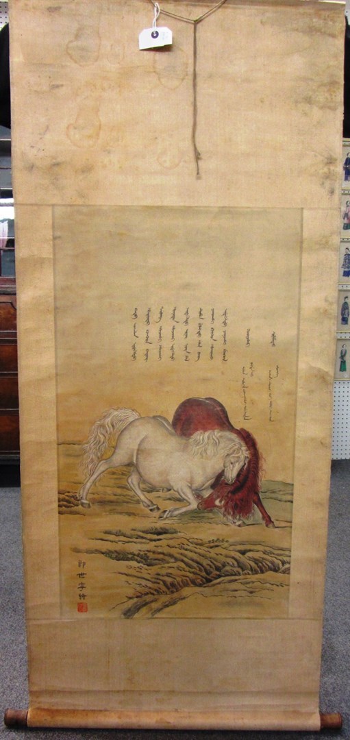 Appraisal: Two Chinese scroll paintings th th century one depicting two