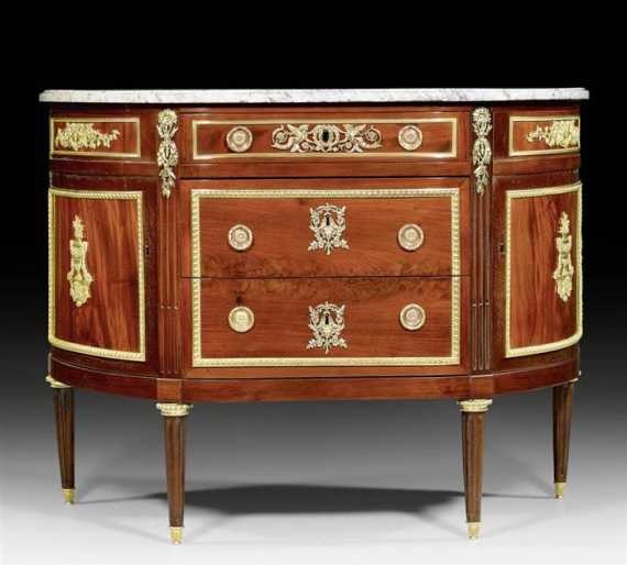 Appraisal: DEMI-LUNE COMMODE Louis XVI stamped CASPAR SCHNEIDER Caspar Schneider maitre