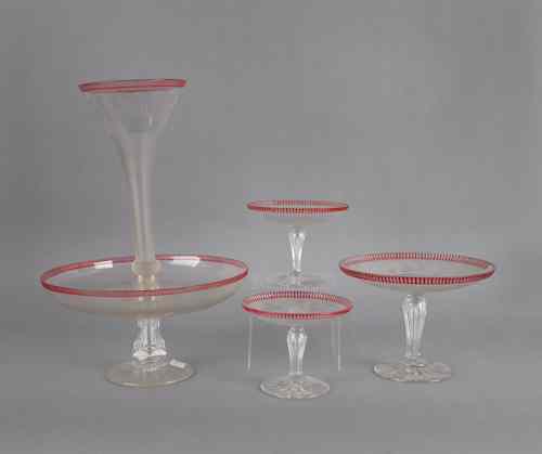 Appraisal: Frosted and ruby flash four piece centerpiece set with Greek