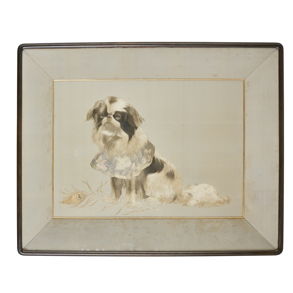 Appraisal: EMBROIDERED SILK PICTURE OF A DOG naturalistically painted as an