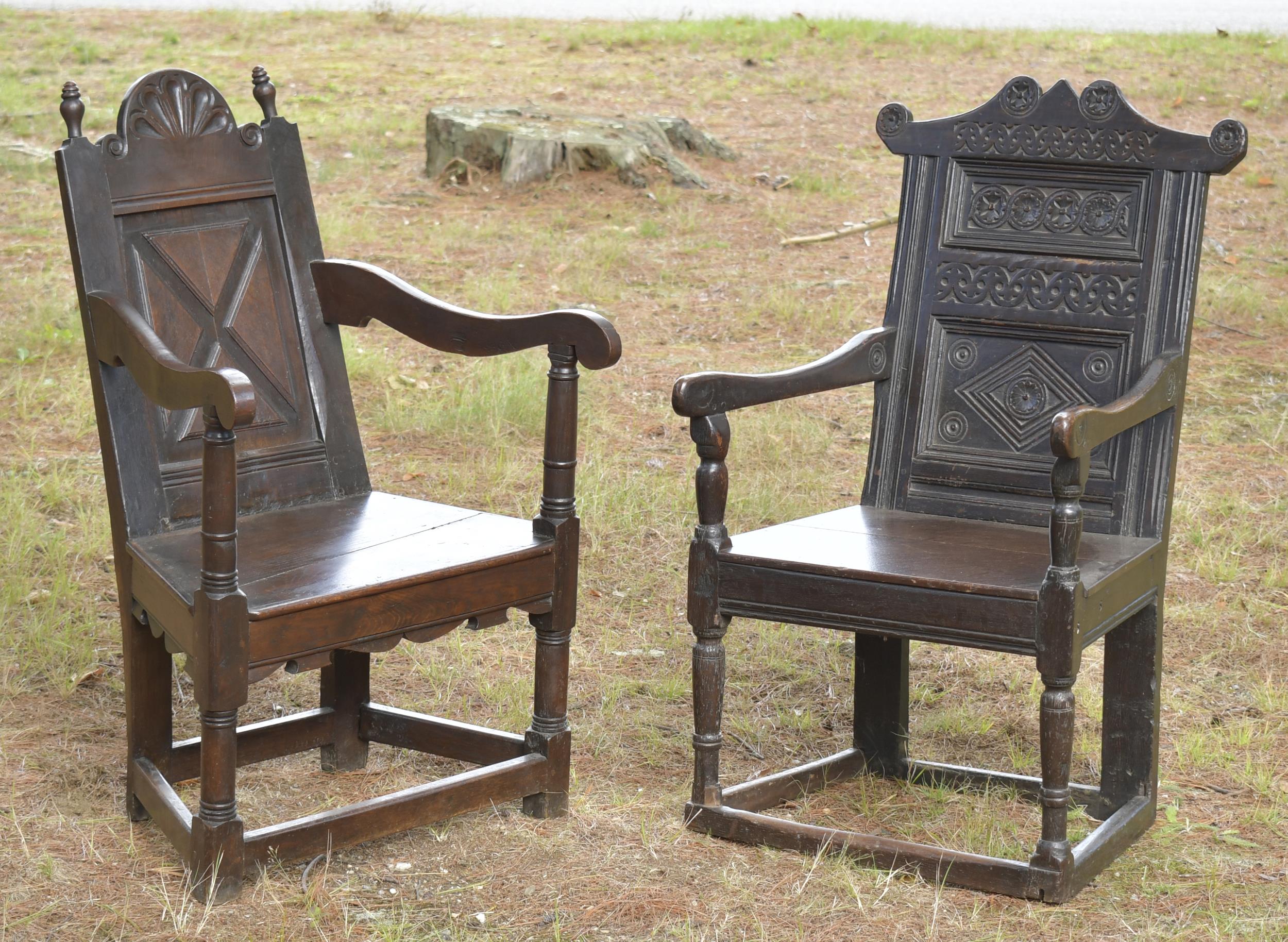 Appraisal: TWO EARLY ENGLISH WAINSCOT CHAIRS Ca arched shell crest with