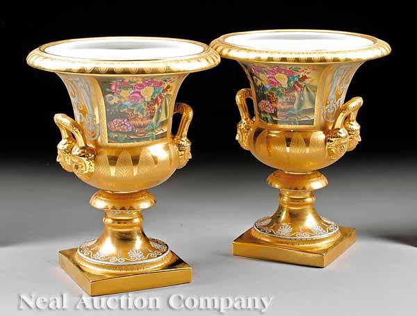 Appraisal: A Pair of Large Neoclassical-Style Gilded and Polychrome Porcelain Vases