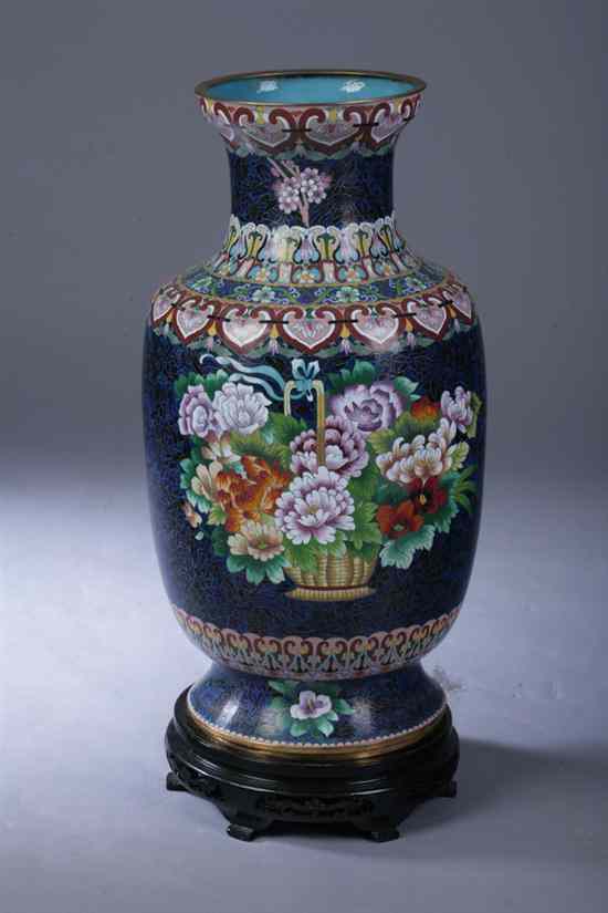 Appraisal: CHINESE CLOISONN ENAMEL VASE Flower-filled basket decoration - in high