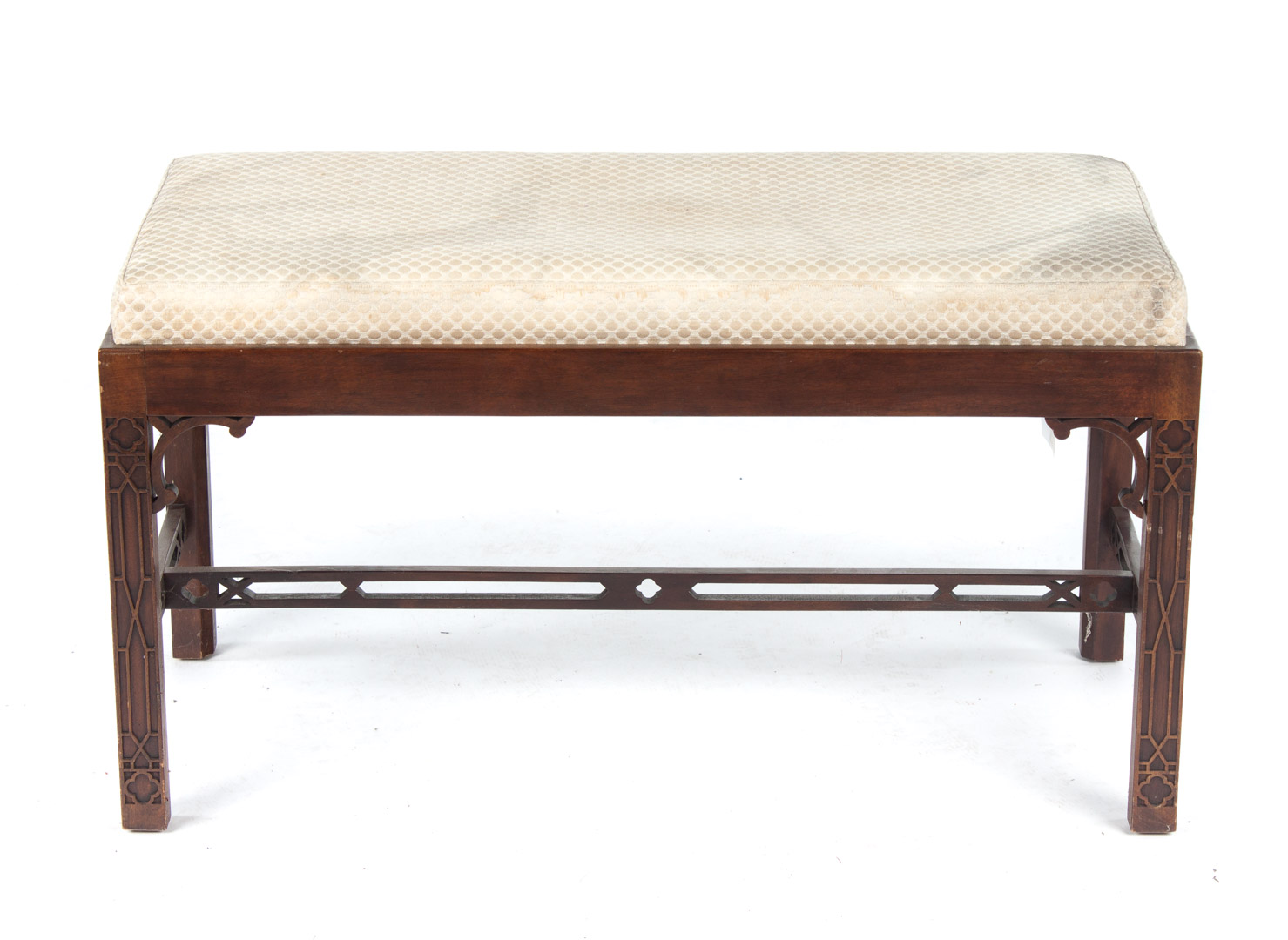 Appraisal: Baker mahogany upholstered bench th century Chinese Chippendale style upholstered