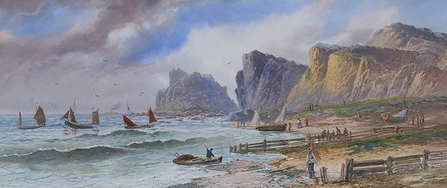 Appraisal: L LEWISFigures with sailing vessels off a rocky coast a