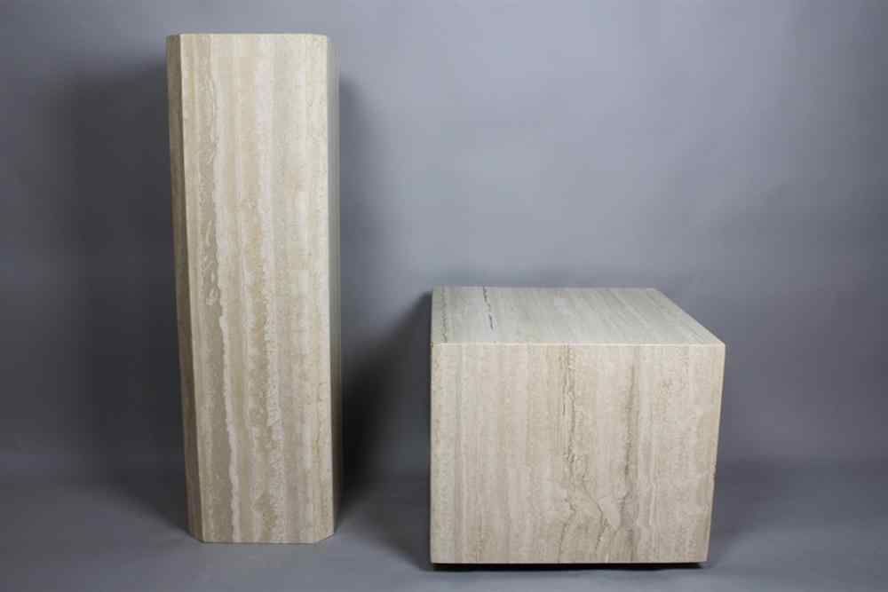 Appraisal: TRAVERTINE MARBLE CUBE-ON-CASTERS AND A MATCHING PEDESTAL The cube h