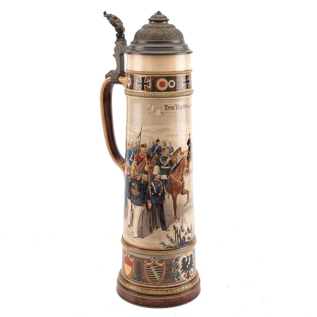 Appraisal: Large Mettlach regimental stein late th century pewter mounted glazed