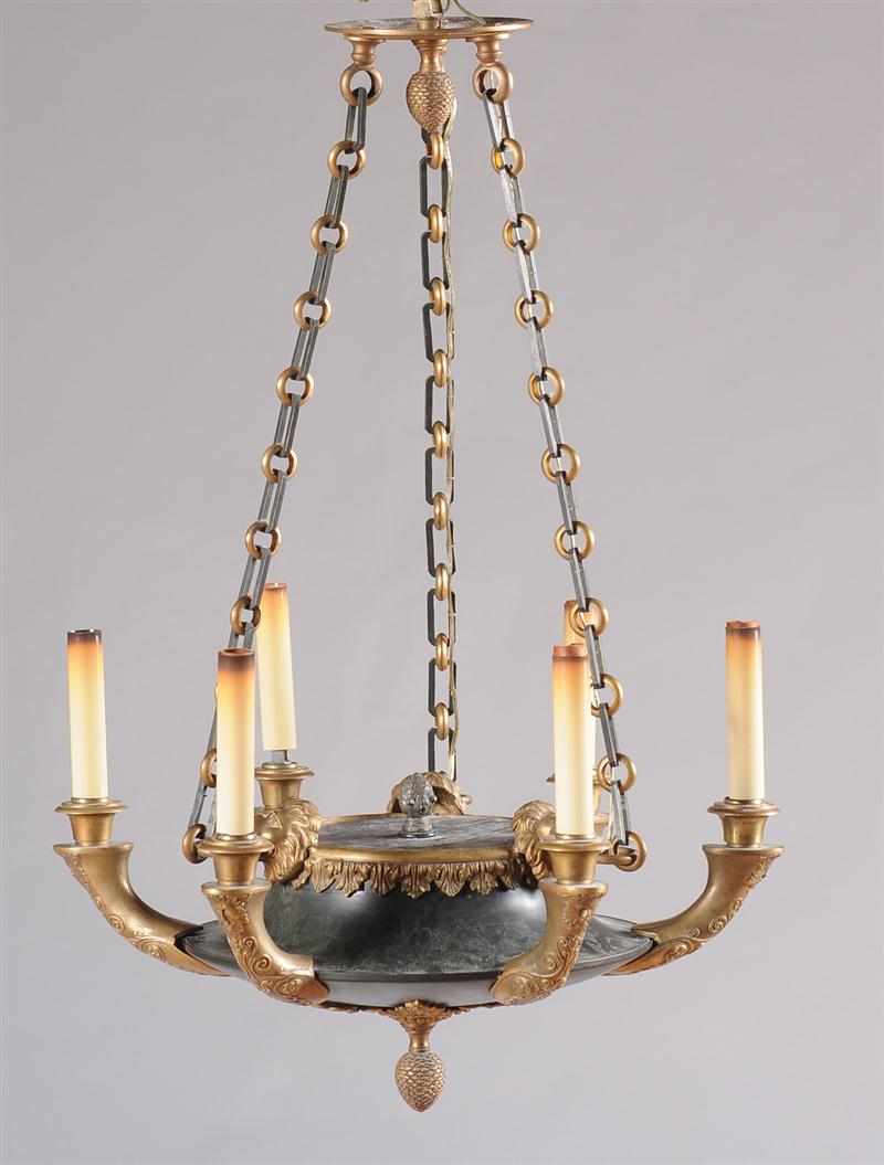 Appraisal: EMPIRE STYLE ORMOLU AND PATINATED METAL SIX-LIGHT CHANDELIER x in