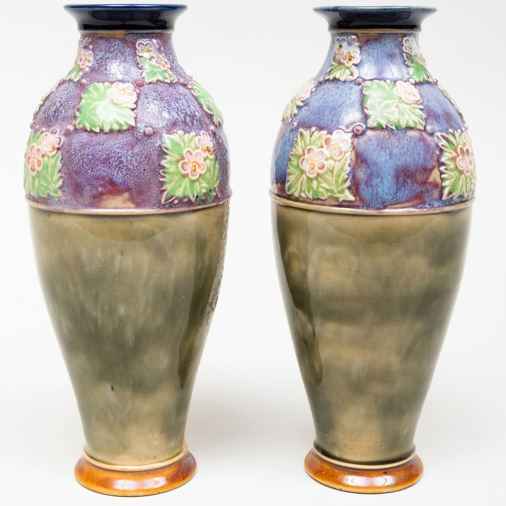 Appraisal: Pair of Royal Doulton Glazed Pottery Vases with Dogwood Decoration