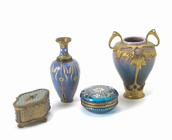 Appraisal: An assortment of enamel and glass art pottery vases and