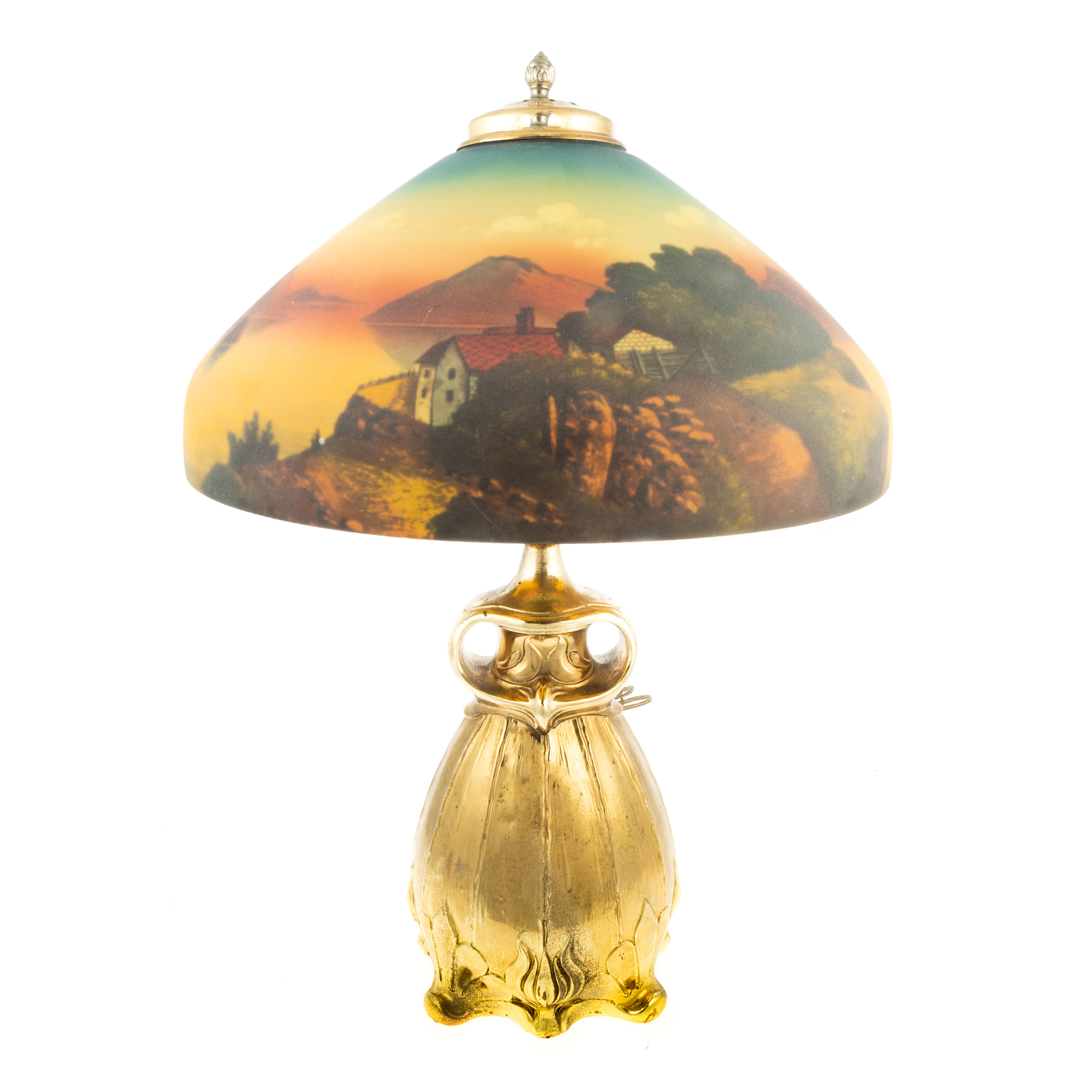 Appraisal: ART NOUVEAU TABLE LAMP WITH REVERSE PAINTED SHADE Circa gilt