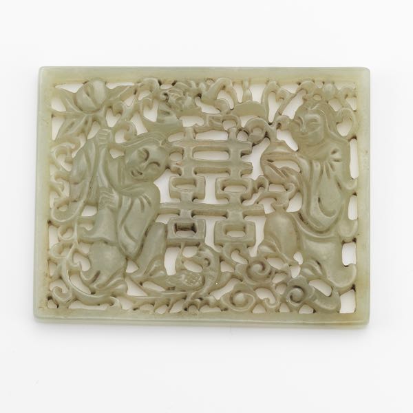 Appraisal: CHINESE CARVED CELADON JADE PLAQUE WITH BOYS DOUBLE HAPPINESS SYMBOL