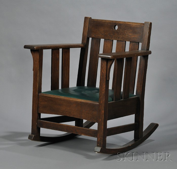 Appraisal: J M Young Son Arts Crafts Oak Slat-sided Armrocker with