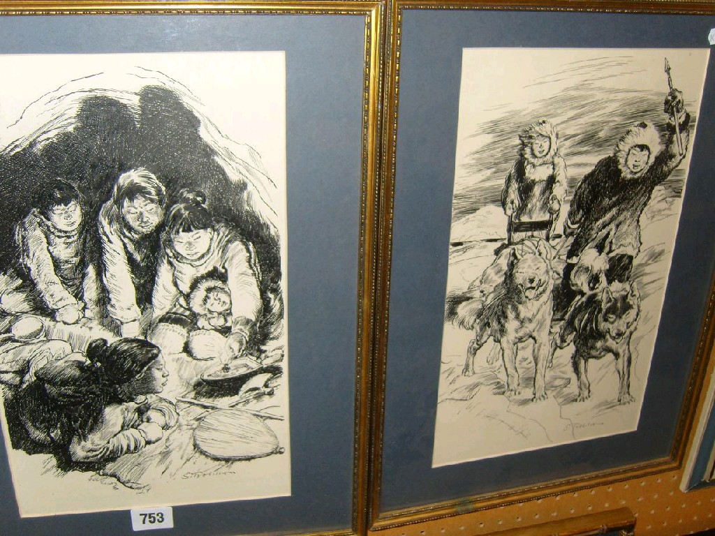 Appraisal: A pair of mid- th century pen and ink illustrations