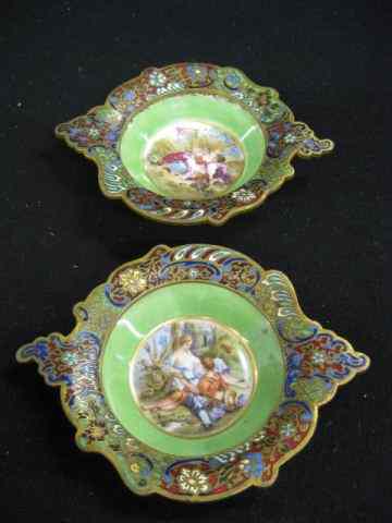 Appraisal: Pair of French Bronze Champleve Enamel Dishes with porcelain inserts