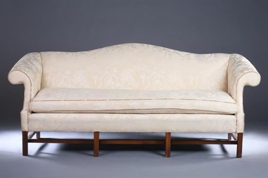 Appraisal: CHIPPENDALE STYLE CAMEL-BACK SOFA th century with cream color damask