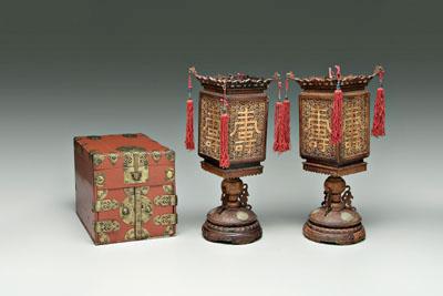 Appraisal: Pair Chinese lanterns lacquer box table lanterns carved wood shades