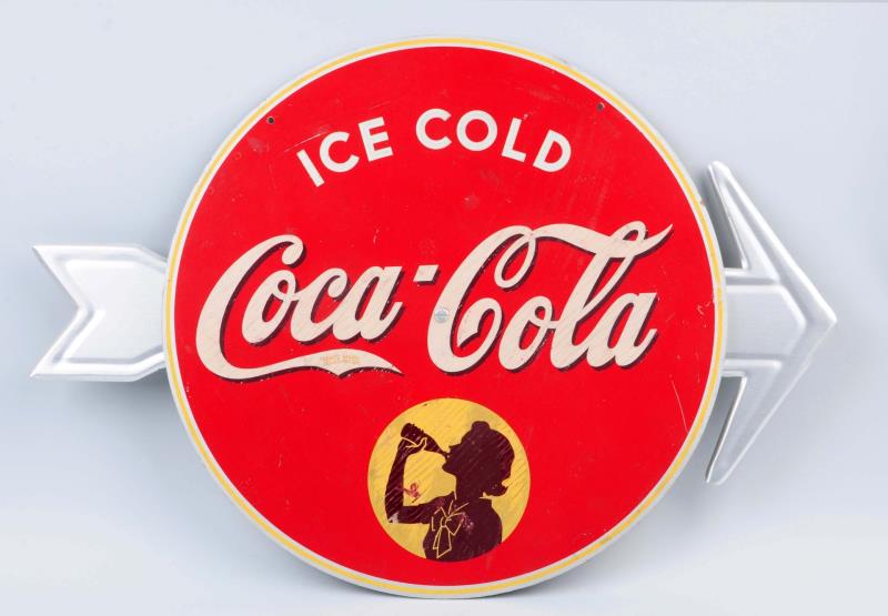 Appraisal: - Coca-Cola Masonite Metal Sign The tin arrow is likely