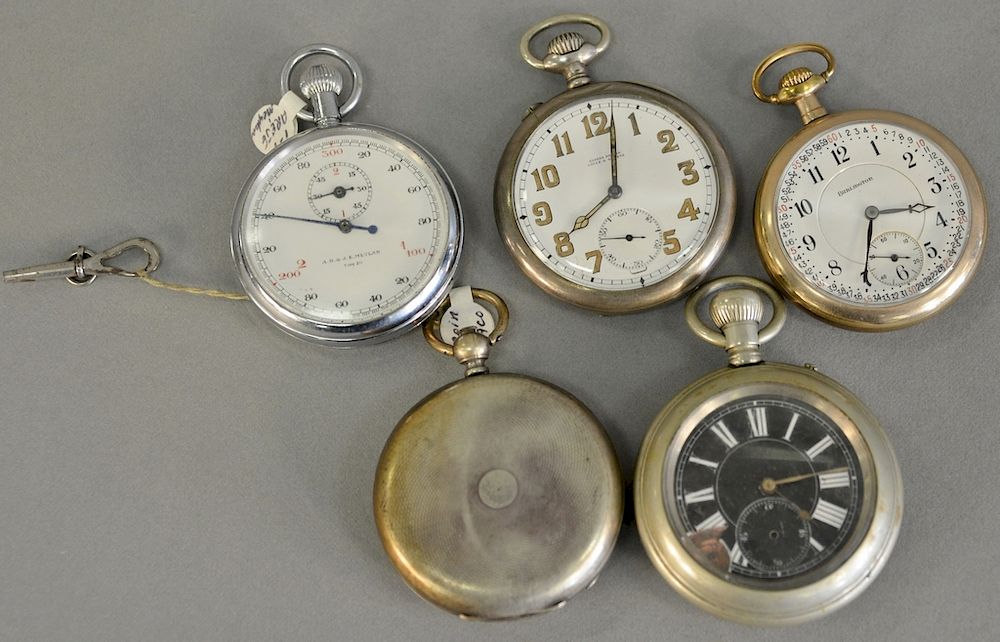 Appraisal: Group of five pocket watches and stopwatches one case marked