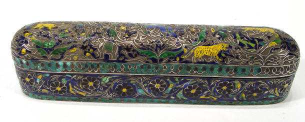 Appraisal: Persian silver metal pen box enamelled and chased with tigers