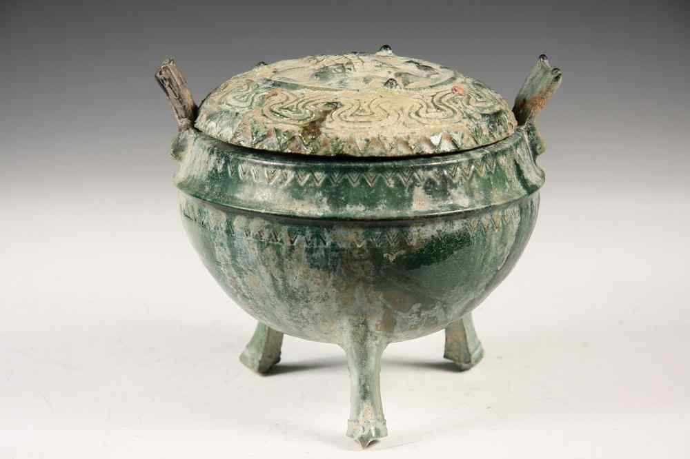 Appraisal: CHINESE POTTERY DING - Green Glazed Tripod Ding with Cover