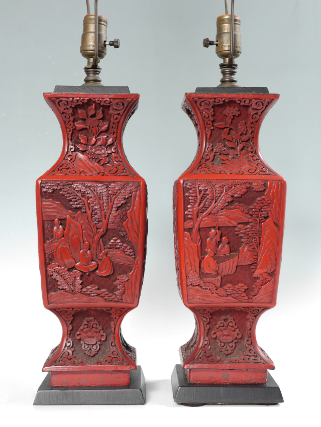 Appraisal: PAIR OF CHINESE CINNABAR TABLE LAMPS Carved red cinnabar with