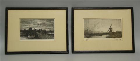 Appraisal: R FARREN TWO ETCHINGS OF WORKERS CROSSING A BRIDGE AND