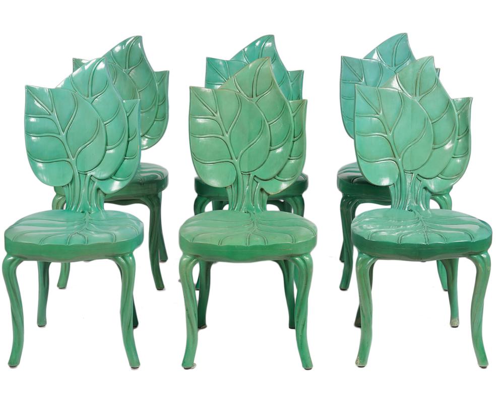 Appraisal: SIX BARTOLOZZI MAIOLI HAND CARVED LEAF CHAIRSSix hand carved wooden