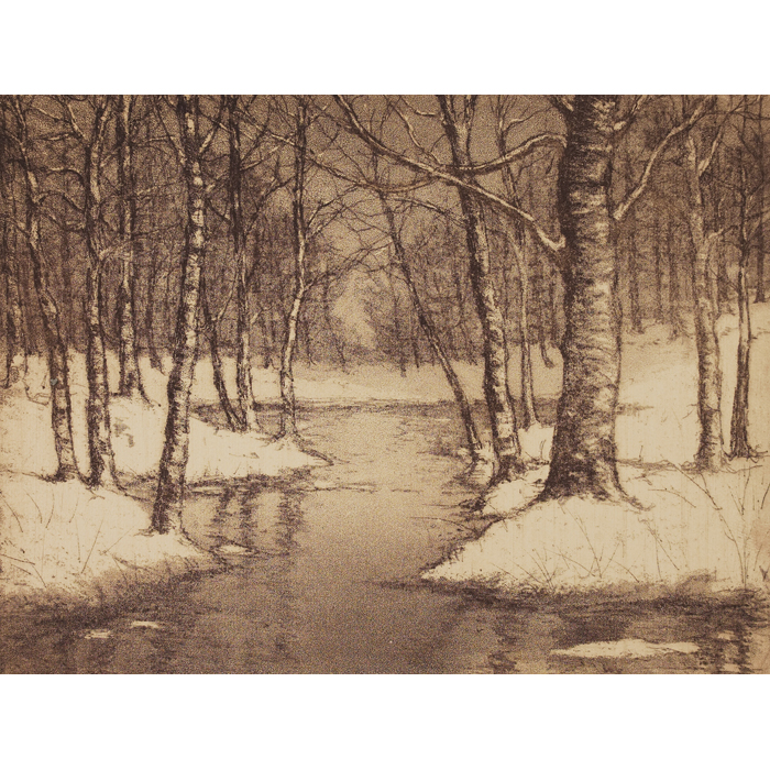 Appraisal: E T Hurley etching creek and birch trees in winter