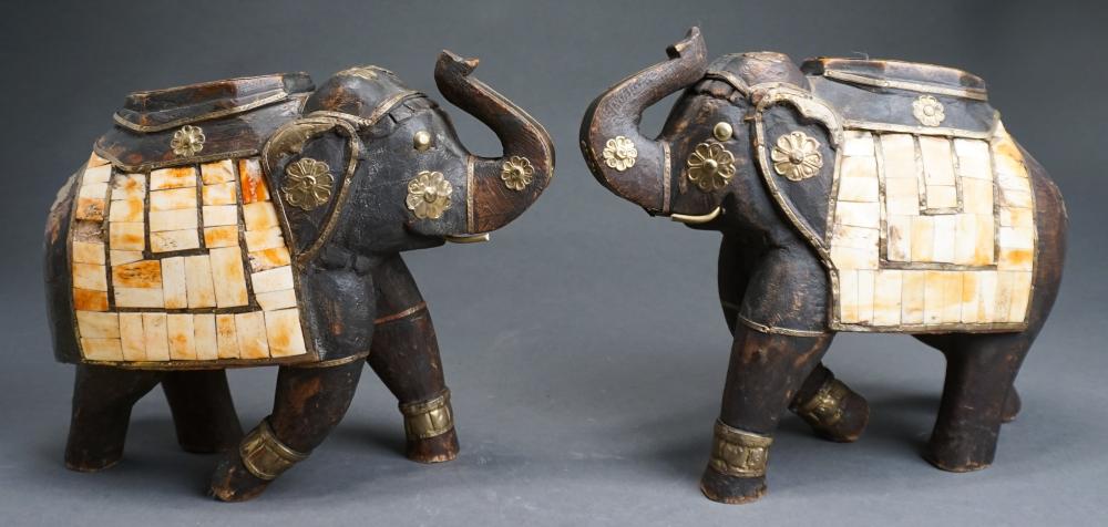 Appraisal: Pair Brass Mounted Carved Wood Elephants H in cm