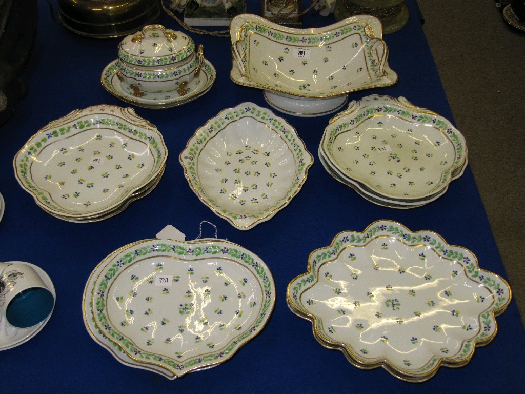 Appraisal: Derby dessert set decorated with flowers comprising dish sauce tureen